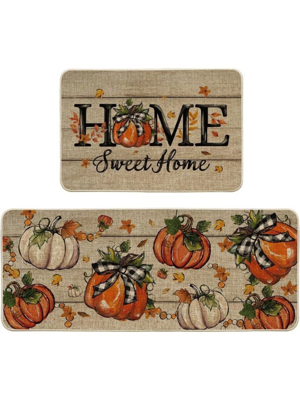 Set of 2 Fall Pumpkin Kitchen Mats - Non-Slip, Decorative, 24x35 & 24x59